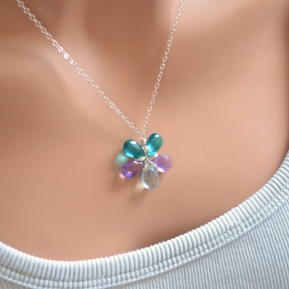 Flower Necklace with Amethyst and Teal Quartz Gemstones